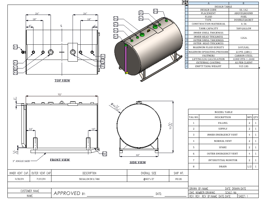 500 加仑 DW UL 142 储罐